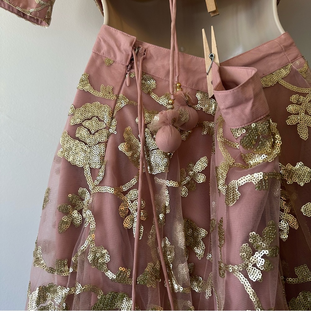 Blush Embroidered Indian Wedding Two Piece Dress with Gold Accents - Picture 8 of 16